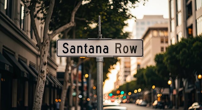 Santana Row Street Sign: A classic street sign for Santana Row stands tall amidst the urban landscape, with blurred buildings and trees forming a soft backdrop.