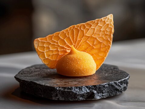 Luxury orange mochi dessert decorated with texturized crisp leaf tuile on stone plate