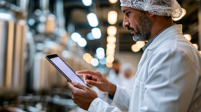 Rear view of a food factory supervisor in a white coat and hairnet holding a digital tablet inside a bright vegetable oil production plant face out of frame clean well lit