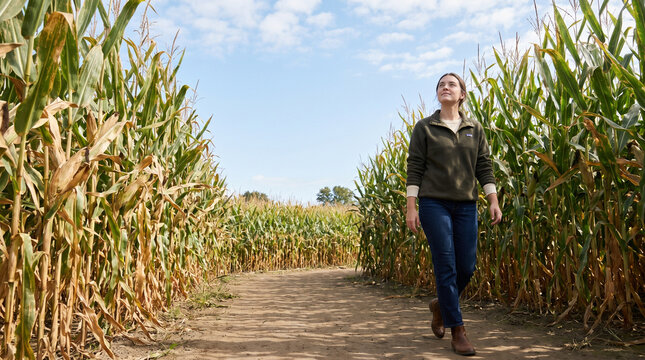 Woman walking in corn maze under blue sky on sunny day  