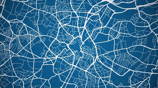 Ink reveal animation of Birmingham city, West Midlands, England, United Kingdom, grid map. Aerial top view. Blueprint style. White lines with blue background. 4K Seamless loop.