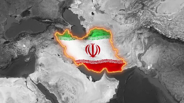 Iran map outline animation with national flag on realistic satellite geography background