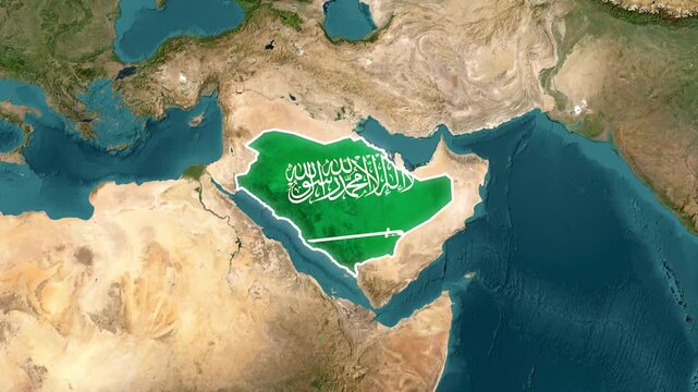 Saudi arabia map with national flag overlay on satellite earth globe animation middle east geography