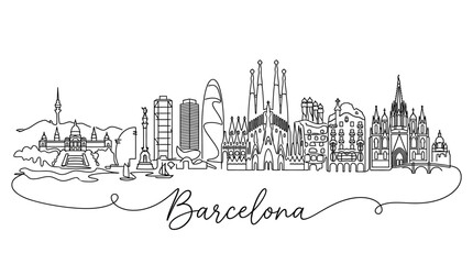 Naklejka premium Line Drawing of Barcelona Skyline Featuring Iconic Architecture and Landmarks in a Minimalist Style