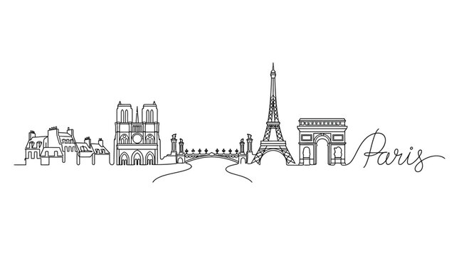Minimalist continuous line drawing capturing iconic Parisian landmarks including Notre Dame, Eiffel Tower, Arc de Triomphe, and