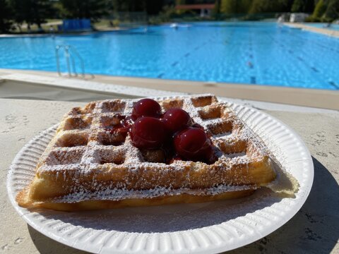 Frische Waffel mit Puderzucker und Kirschen am Freibadpool. S&uuml;&szlig;er Snack im Sommerlicht, ideal f&uuml;r Badepause, Urlaub, Freizeit, Schwimmbadkiosk und sommerlichen Genuss.