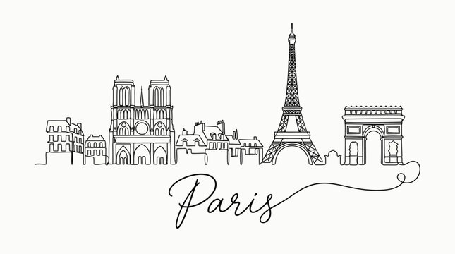 Elegant minimalist line drawing capturing iconic Paris landmarks including Notre-Dame Eiffel Tower and Arc de Triomphe in a