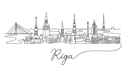 Fototapeta premium Line Art Illustration of Riga Skyline Featuring Historic Spires and Modern Architectural Elements