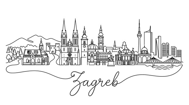 Minimalistic Line Drawing of Zagreb Skyline Featuring Historical and Modern Landmarks