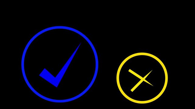 Animated check mark and cross x symbols, right and wrong choice on black background, tick