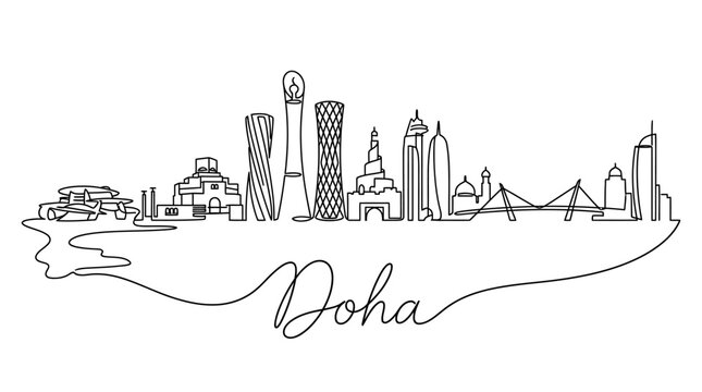Minimalist Line Drawing of Doha's Iconic Skyline with Elegant Script of the City Name