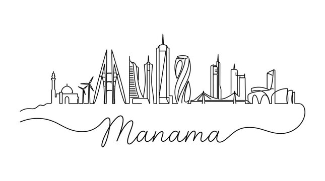 Minimalist Line Art Illustration of a Modern City Skyline with Handwritten Manama Title