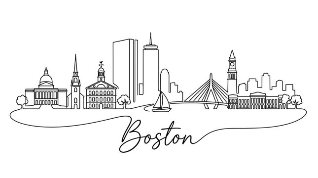 Stylized line drawing capturing the iconic skyline and architectural diversity of Boston cityscape featuring historic and modern