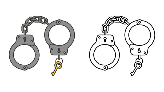 Handcuffs With Key Line Art Illustration On White Background
