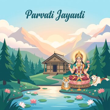 Divine goddess seated on lotus in himalayan landscape celebrating parvati jayanti spiritual illustration