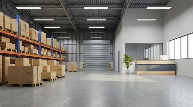 A modern warehouse interior with industrial shelving and a reception desk designed to facilitate efficient curbside pickup services for logistics