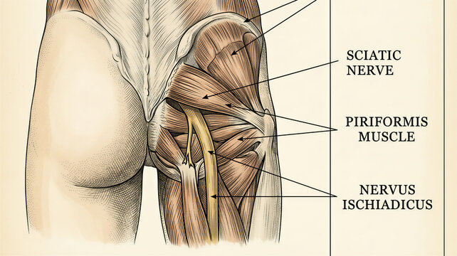 Medical illustration of the human gluteal anatomy, highlighting the piriformis muscle and sciatic nerve