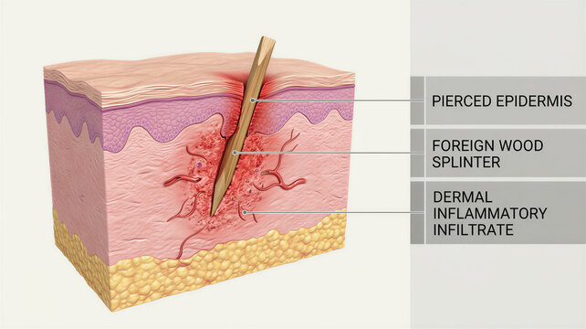 Anatomical diagram of a wooden splinter causing local dermal inflammation