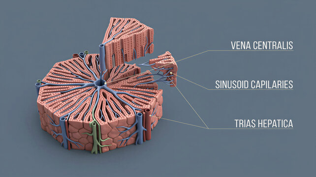 Human liver lobule anatomy: Vena centralis and sinusoid capillaries in hepatic tissue