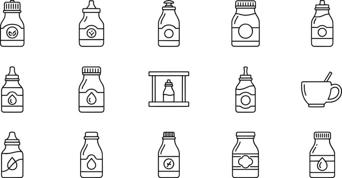 Black and white supplement bottle icon set, vitamin container symbol collection, wellness vector artwork, minimal graphic illustration style