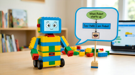 Obraz premium Lego robot with screen face saying hello on a table with colorful building blocks