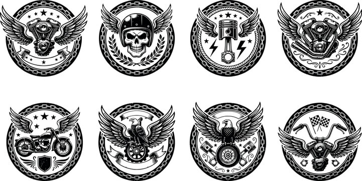 Set of motorcycle emblems and badges transparent background