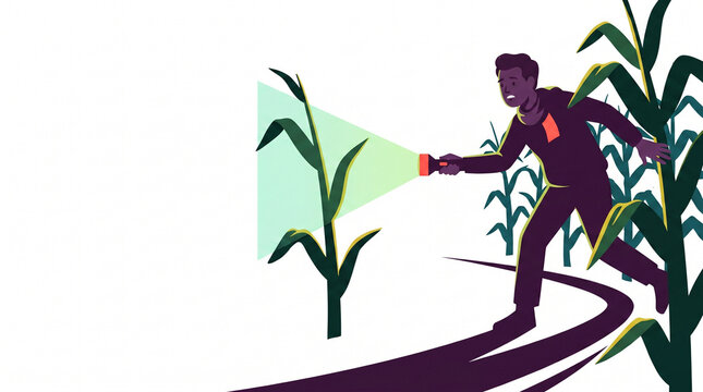 Young black man exploring corn maze with flashlight at night  