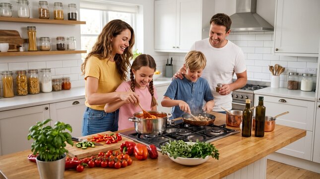 Happy family cooking healthy meal together in modern white kitchen, parents and children preparing fresh dinner, smiling family lifestyle at home