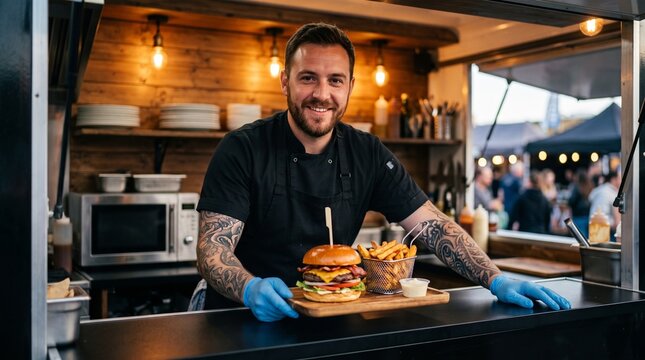 Professional food truck chef serving gourmet burger and fries, smiling male cook with tattoos at street food festival, modern mobile kitchen service