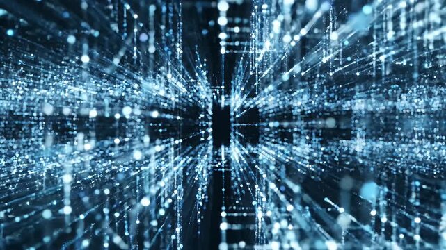 Abstract digital network of glowing blue particles and light streaks.