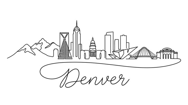Elegant Line Art Illustration of Denver's Skyline Featuring Iconic Buildings and Natural Mountain Backdrop in Minimalist Style