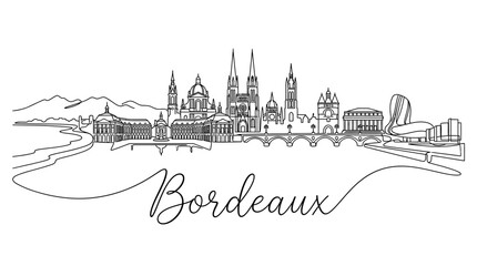 Fototapeta premium Elegant black and white line drawing of Bordeaux iconic skyline featuring historic buildings and modern architecture capturing