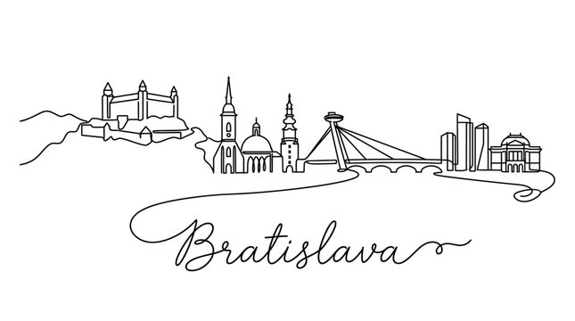 Minimalist Line Drawing of Bratislava Skyline Showcasing Iconic Landmarks and Cityscape