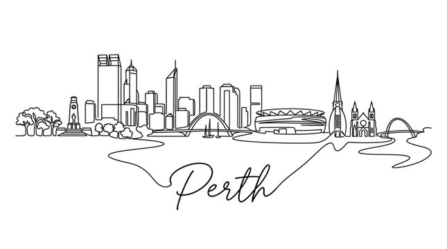 Minimalist Black and White Line Drawing of Perth Skyline Featuring Iconic Buildings and Natural Elements