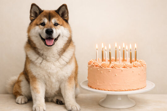 An akita dog sitting happily next to a tall frosted orange birthday cake with lit candles on a plain neutral background birthday celebration frosting