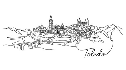 Fototapeta premium Stylized minimalist line art of Toledo cityscape featuring historic architecture and surrounding landscape with handwritten city