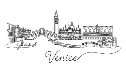 Fototapeta premium Minimalist line art illustration capturing iconic Venetian landmarks including bridges and churches with the city name Venice