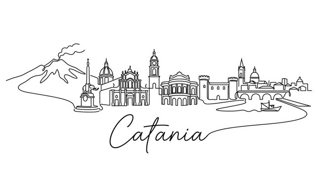 Elegant minimalist line art depiction of Catania's historic cityscape highlighting iconic buildings and Mount Etna in the