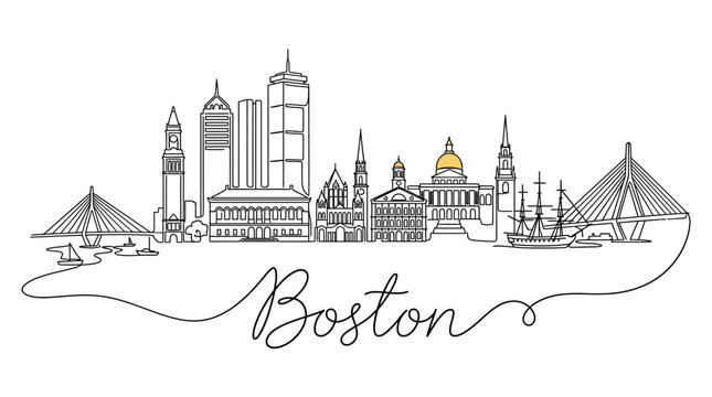 Minimalist Line Art Illustration of Boston Skyline Featuring Iconic Landmarks and Cityscape Silhouette in Black and White Style
