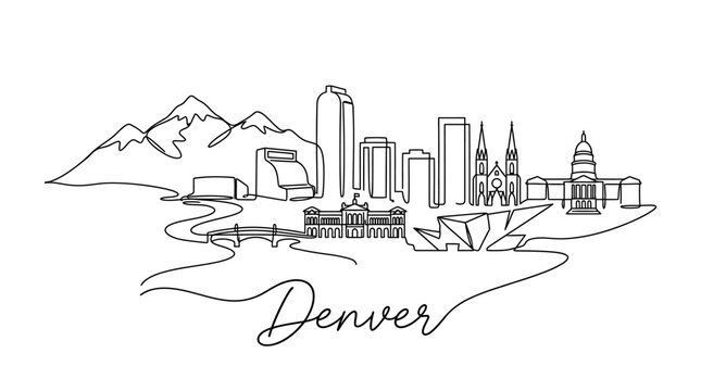 Minimalist Black and White Line Drawing of Denver Skyline with Mountain Background and Urban Landmarks