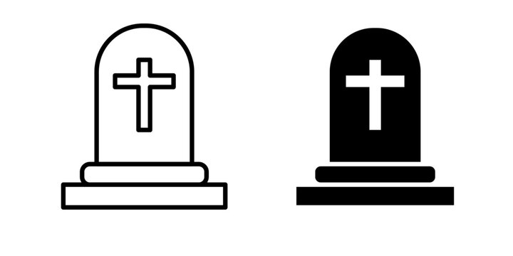 Tombstone icon in outline and solid style, isolated on white background. Ideal for cemetery, memorial, halloween, and graveyard related features in mobile and web design.