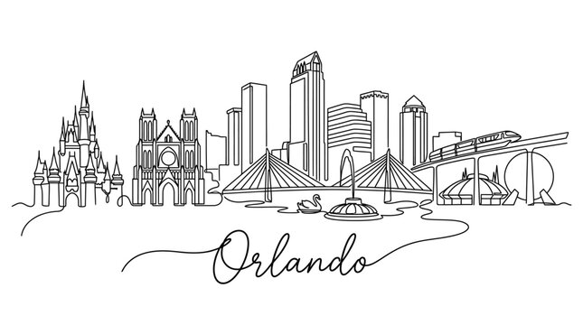 Minimalist line drawing of Orlando city skyline featuring iconic buildings and cityscape elements with elegant script reading