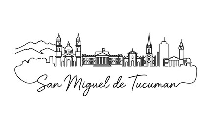 Obraz premium Stylized line art illustration of the San Miguel de Tucum?n skyline with iconic buildings and landmarks in a minimalistic design