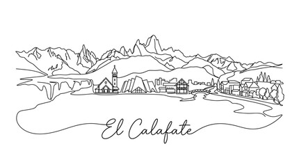 Fototapeta premium Minimalist Line Art Illustration of El Calafate Landscape Featuring Mountains, Lake, Town, and Church Scene