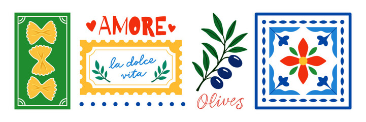 Italy travel mediterranean element set. Farfalle pasta majolica tile olive branch. Amore la dolce vita lettering graphic. Sicilian amalfi coast traditional food theme © oksanagrytsyuk