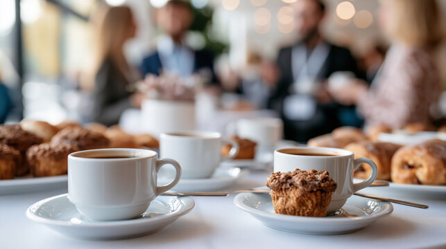 Coffee cups saucers and pastries arranged on a bright coffee break table at a business conference participants softly blurred behind clean airy venue catering coffee break