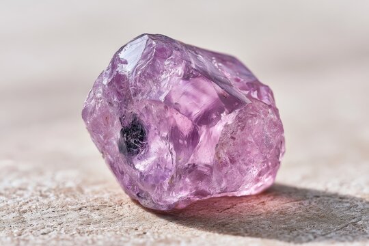 Natural rough kunzite crystal in soft daylight, close-up on pink-lavender tones