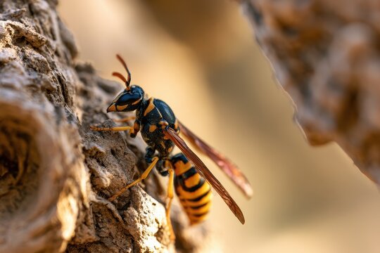 Outdoor scene featuring a solitary mud dauber wasp with striped abdomen and glossy body