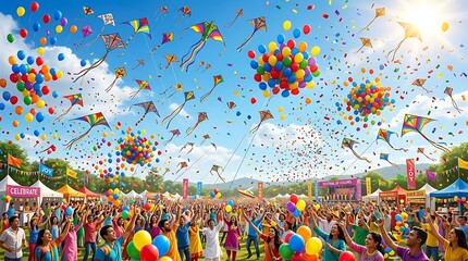 Fototapeta premium Vibrant kite festival fills the sky with color and joy.