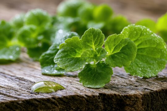 Macro view of pennyroyal mint leaves with dew in a garden setting